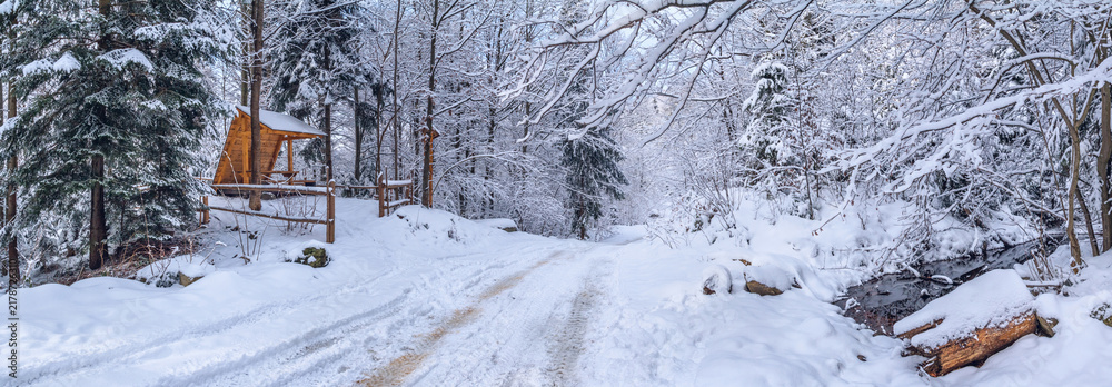 Obraz premium Winter landscape, panorama, banner - view of the gazebo near the snowy road in the winter mountain forest