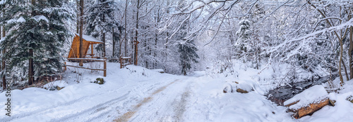 Bild auf Leinwand Winter landscape, panorama, banner - view of the gazebo near the snowy road in t