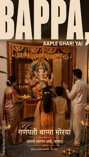 Ganesh Chaturthi Festival Celebration with Lord Ganesha family greeting and traditional festive decor design