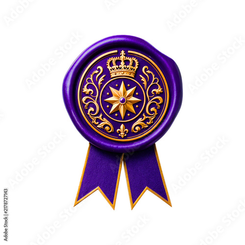 Royal purple wax seal ribbon stamp with golden crown and star motif, luxury heraldic emblem isolated on transparent background