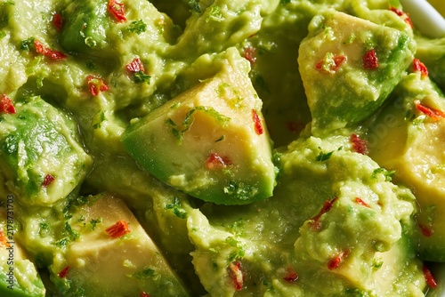 Macro detail shot of guacamole texture featuring visible avocado chunks and red pepper flakes, showcasing vibrant green color and creamy consistency in a close-up view