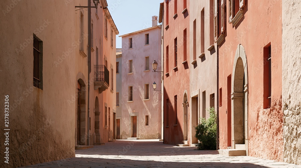 Fototapeta premium Narrow European street featuring colorful buildings with textured walls, balconies, and a clear blue sky, creating a charming urban scene in a historic district