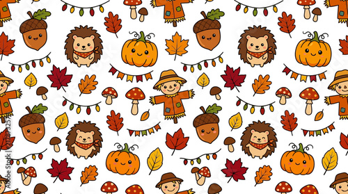 Foto Cute Autumn Pattern with Hedgehogs Pumpkins Acorns and Scarecrows