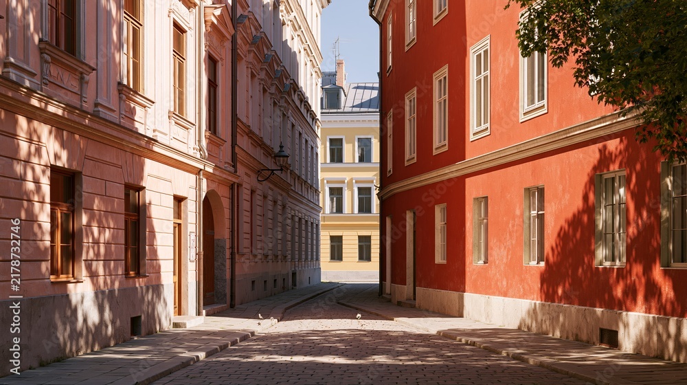 Fototapeta premium Narrow European street view featuring colorful buildings with a cobblestone road, sunlight illuminating the scene, creating a vibrant urban atmosphere