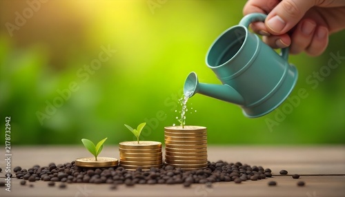 watering can with plant. Investment, growth