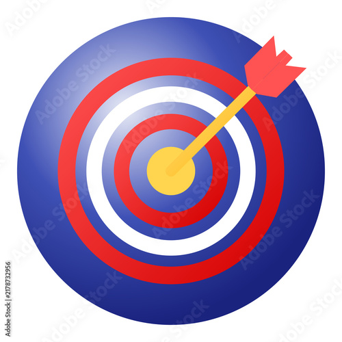 Obraz na plátne Red and white target board, blue background, arrow hitting center bullseye