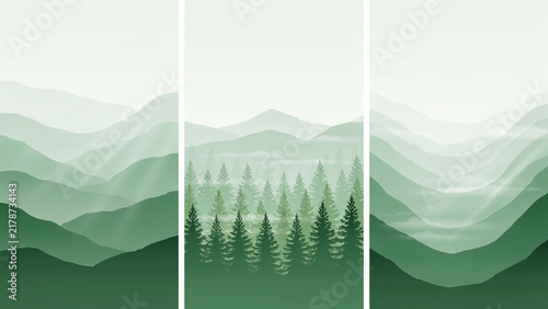 Three vertical panels featuring misty green mountain ranges and dense pine forest silhouettes