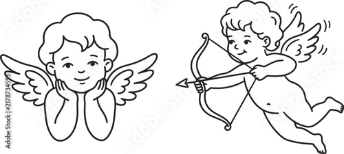 Cute baby angel cherub vector set featuring resting cupid and flying cupid with bow and arrow