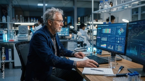 Senior Scientist Analyzing Complex Data on Advanced Computer Monitors