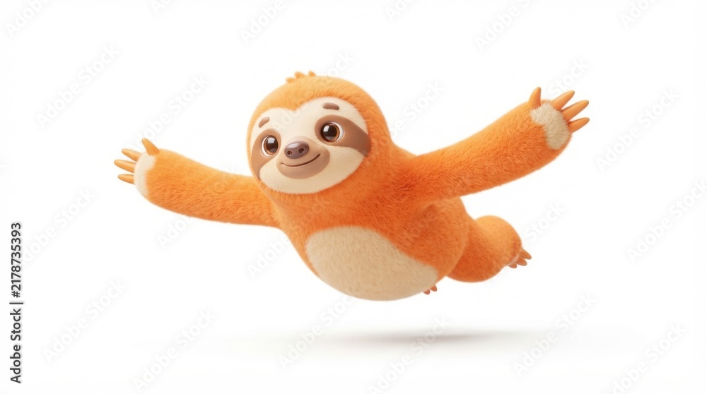 Fototapeta premium Cute cartoon sloth character with orange fur flying or jumping in dynamic pose on white background