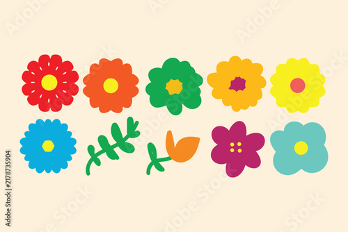 Colorful Flower Collection, Vibrant Floral Icons, Modern Botanical Set, Decorative Spring Design.