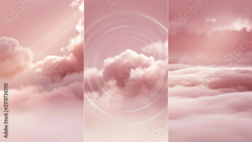 Three vertical panels showing soft pink clouds and sunbeams in a dreamy atmospheric sky