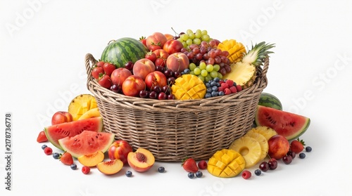 Abundant wicker fruit basket with tropical and summer fruits, colorful harvest of fresh organic produce, healthy food assortment on white background