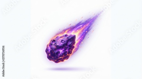 Dynamic purple asteroid with fiery trail moving through space isolated on white background