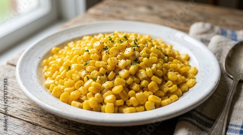 Simple Boiled Corn Kernels Garnished with Parsley and Pepper