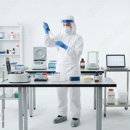 Scientist In Protective Gear Conducting Research In A Modern Laboratory