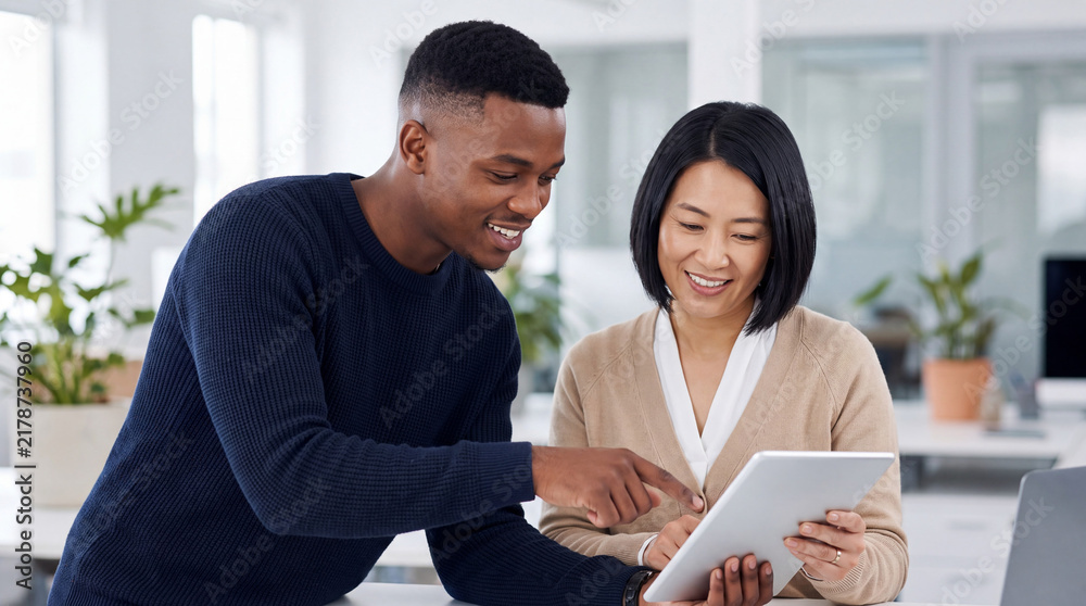 Obraz premium Black man explaining digital form on tablet to Asian woman in office. Diverse colleagues working on digital administration and public services. Teamwork and collaboration in modern workplace