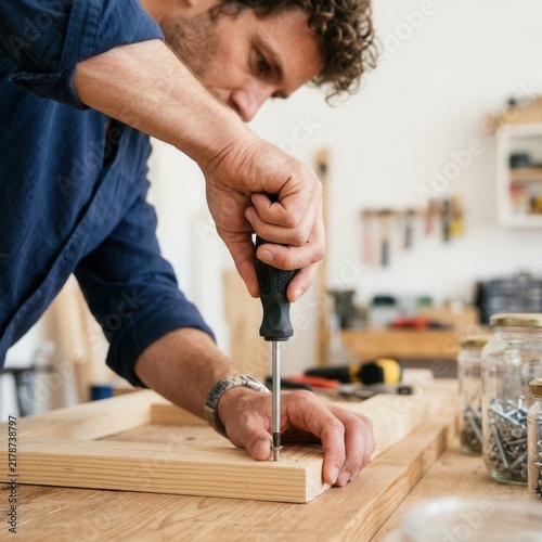 Skilled Carpenter Focused On Securing Wood Frame With Screwdriver In Workshop