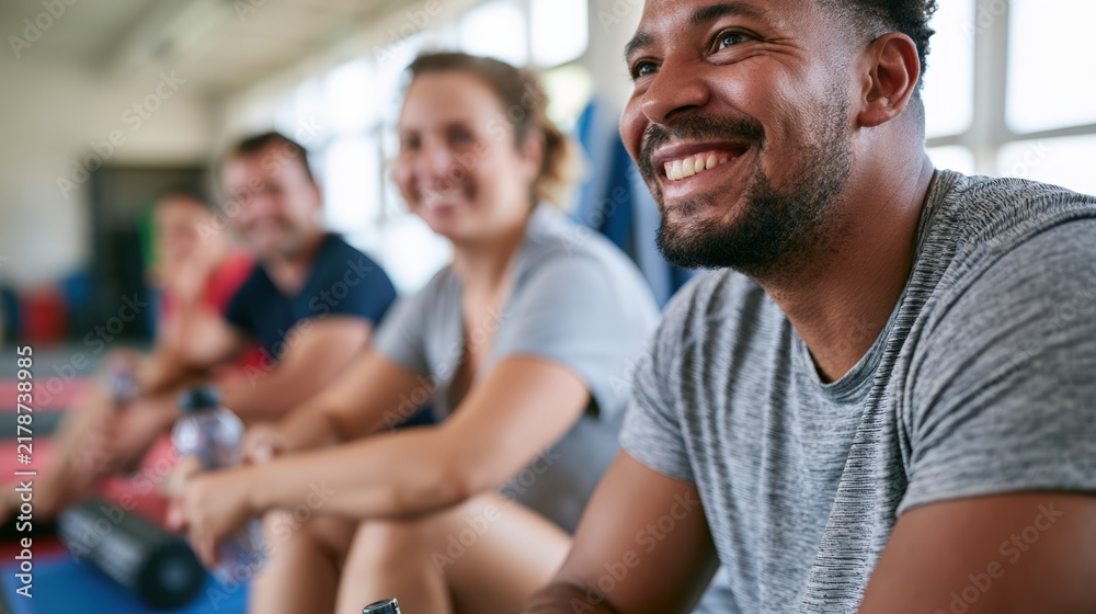 Obraz premium Diverse fitness group relaxing together after workout session