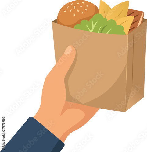A hand holding an eco-friendly paper bag with groceries