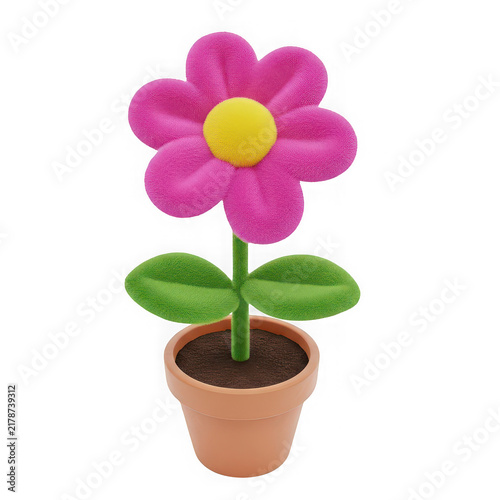 Cute fuzzy pink flower in a small terracotta clay pot isolated on transparent background