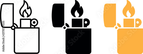 Lighter vector illustration with flame, monochrome black outline and filled yellow options.