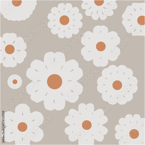 White Floral Pattern, Green Leaf Motif, Soft Beige Background, Modern Botanical Decorative Design.