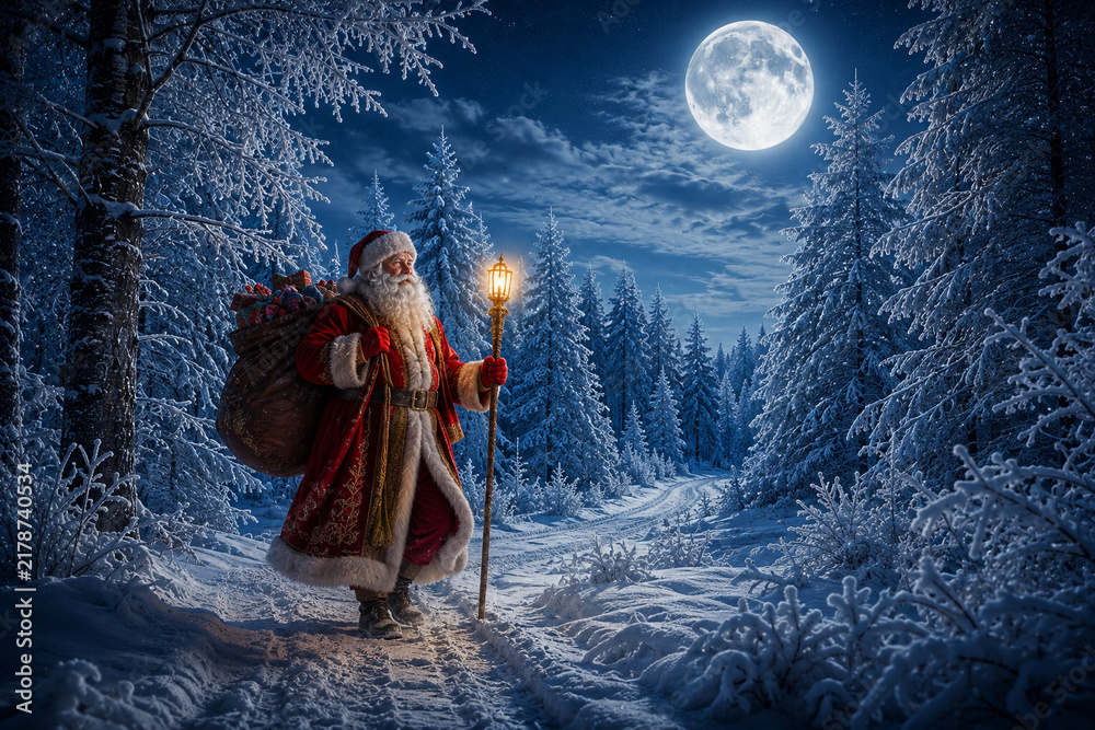 Fototapeta premium Santa Claus walks through a snowy winter forest under a bright full moon, carrying a sack and a glowing staff