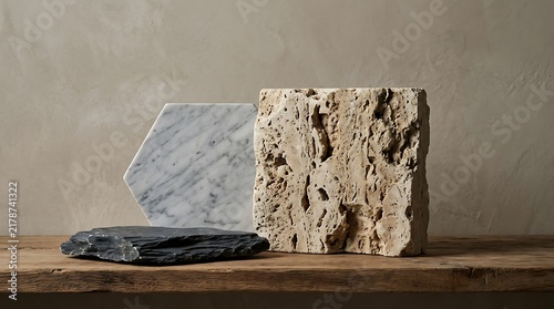 Collection of natural stone samples including white marble and beige travertine on wooden surface