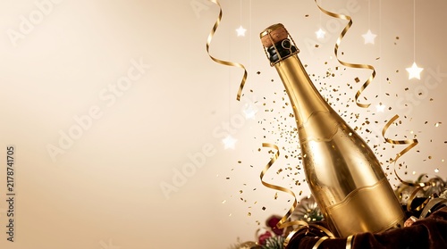 Festive Celebration Background with Golden Party Popper, Confetti and Streamers