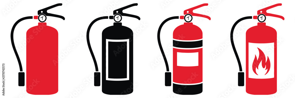 Obraz premium Fire extinguisher icon set, workplace safety fire protection and emergency equipment
