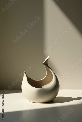 Modern ceramic vase in studio light, showcasing fluidity and form in high contrast, with clean background and surface