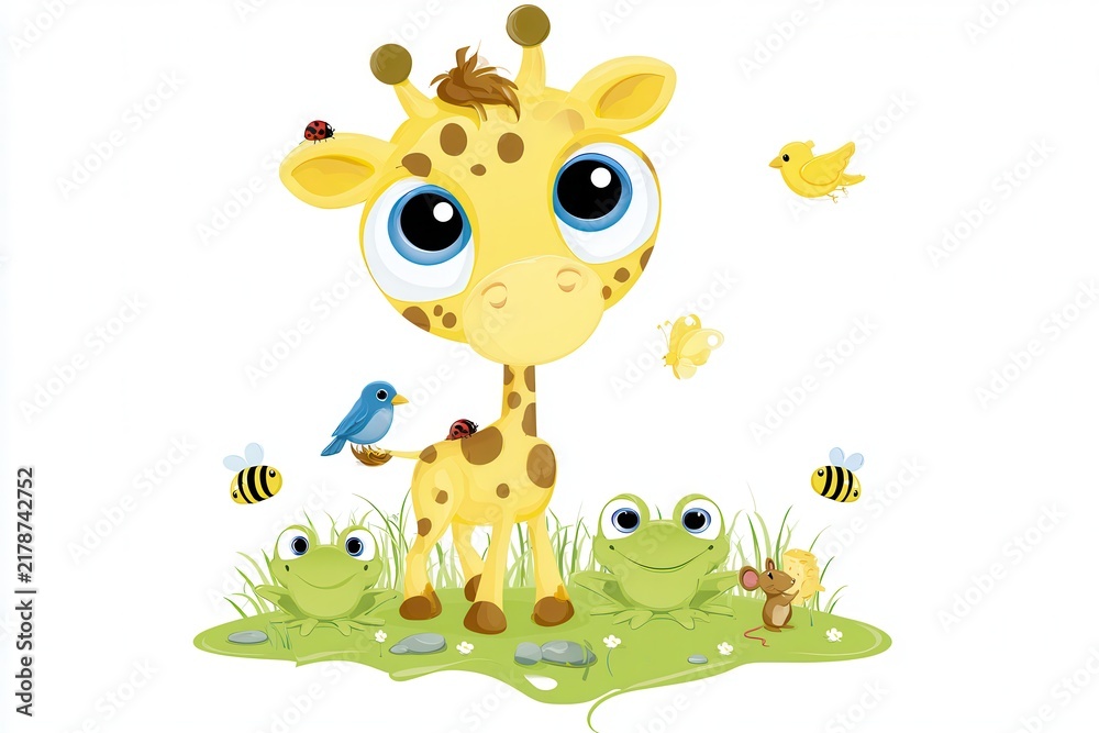 Naklejka premium Cute cartoon giraffe illustration with small animals and birds on a white background