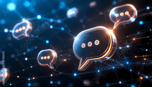 Glowing glass speech bubble icons floating on a digital networking communication background with glass icon social media digital network chat bubble online chat