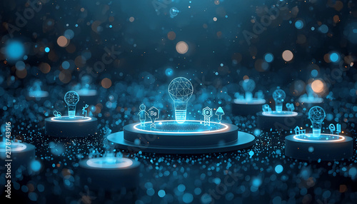 Glowing light bulb symbols on circular platforms in a futuristic digital technology environment with futuristic platform glowing lights dark background solution