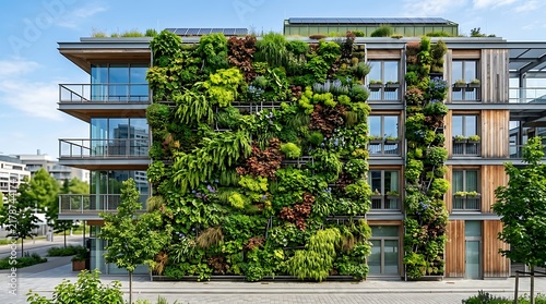 Modern sustainable building featuring a lush vertical garden wall and rooftop solar panels