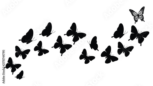 flying butterfly silhouettes set, elegant insect group in wave motion for nature design