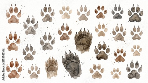Watercolor animal paw prints collection set of various wild predator footprints on white