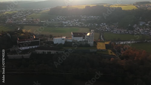 Aerial drone panorama of Willibaldsburg Castle in Eichstaett, Germany. Historic hilltop castle complex, cultural monument, and museum site overlooking the old town and Altmuehl Valley landscape.