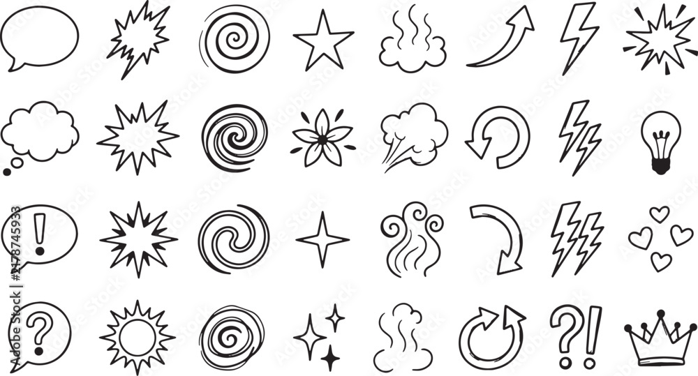 Obraz premium Doodle set of comic book elements, hand drawn vector icons, black outline illustration for design and speech bubble concept