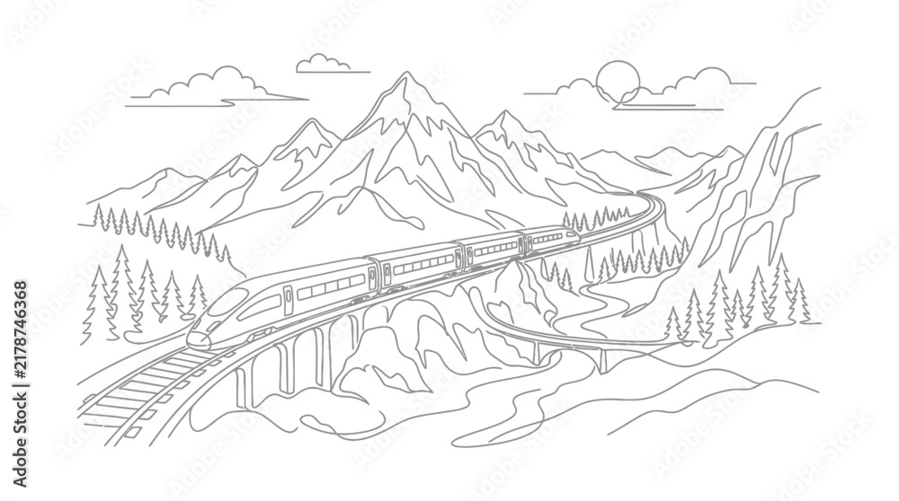 Fototapeta premium High-speed train on a bridge in a mountainous landscape, line art illustration