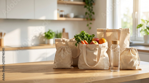Canvas grocery bags filled with produce sit on a wooden countertop