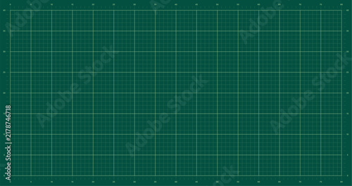 Green cutting mat with measurement grid and scale. Self healing cutting mat texture with metric ruler markings. Vector background for crafting, sewing, quilting and design workspace.