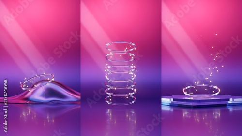 Abstract 3D compositions with glowing rings and pink gradient backgrounds