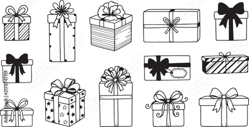 Doodle set of gift boxes and presents, hand drawn vector icons, black and white outline illustration for birthday and holiday celebration concepts.