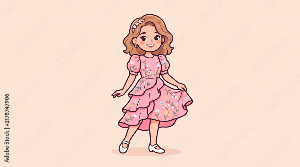 Fototapeta premium Cute young american woman in light pink floral knee length dress with puffed sleeves cartoon mascot vector illustration with bold outlines on light background