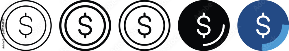 Fototapeta premium Dollar Coin Icon Set Vector Money Symbol Currency Cash Finance Outline Flat Circle Sign Collection For Business App