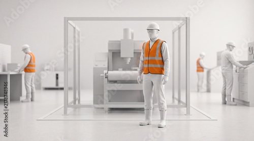 Industrial workers in high visibility vests standing near machinery inside a bright modern factory setting with white manufacturing facility workers wearing safety hats operate machinery