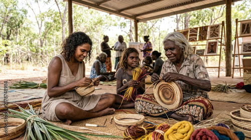 Indigenous Australian women and child weaving baskets outdoors.