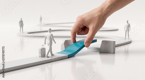 A hand placing a blue bridge segment to connect a path for a traveling person with hand connects fragmented figure carrying luggage bridge piece small human hand facilitation